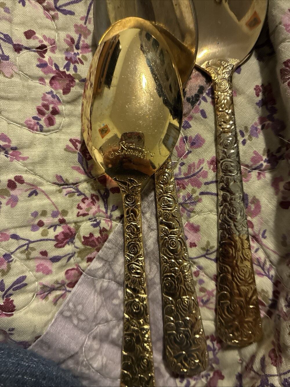 Vintage Soup Spoon Cellini Romanesque Rose Pattern Gold Plated Flatware 1960s F